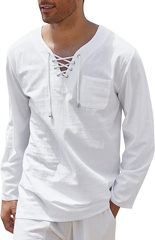 COOFANDY Mens Cotton Linen Shirts Lace Up Casual Beach Hippie Tee Shirts V Neck | Amazon (US)