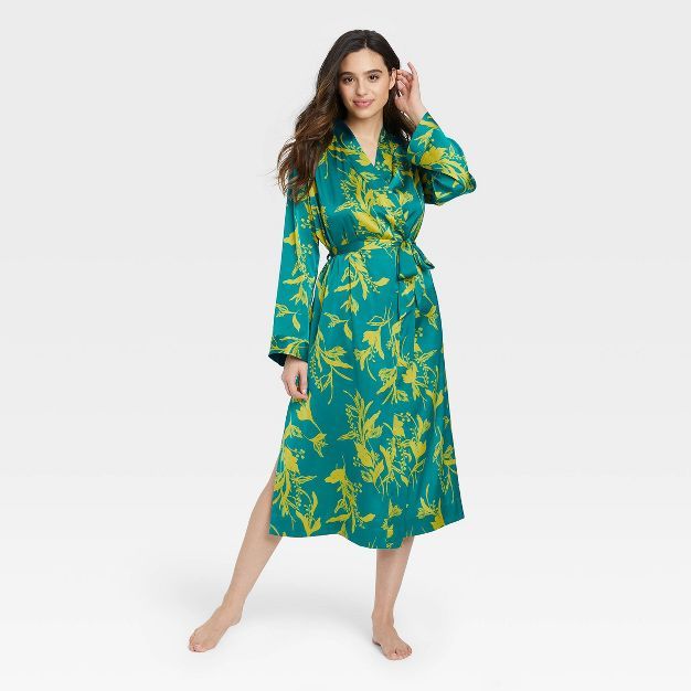 Women's Floral Print Long Satin Robe - Stars Above™ Green | Target