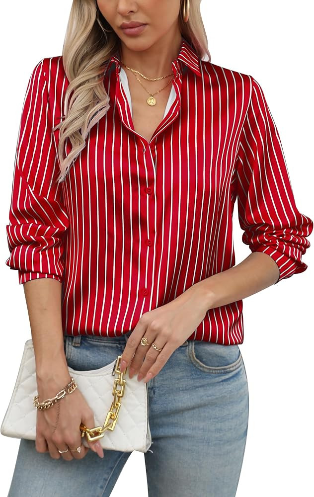 COUXILY Womens Satin Button Down Shirt Business Casual Long Sleeve Silk Blouse Collared Curved He... | Amazon (US)
