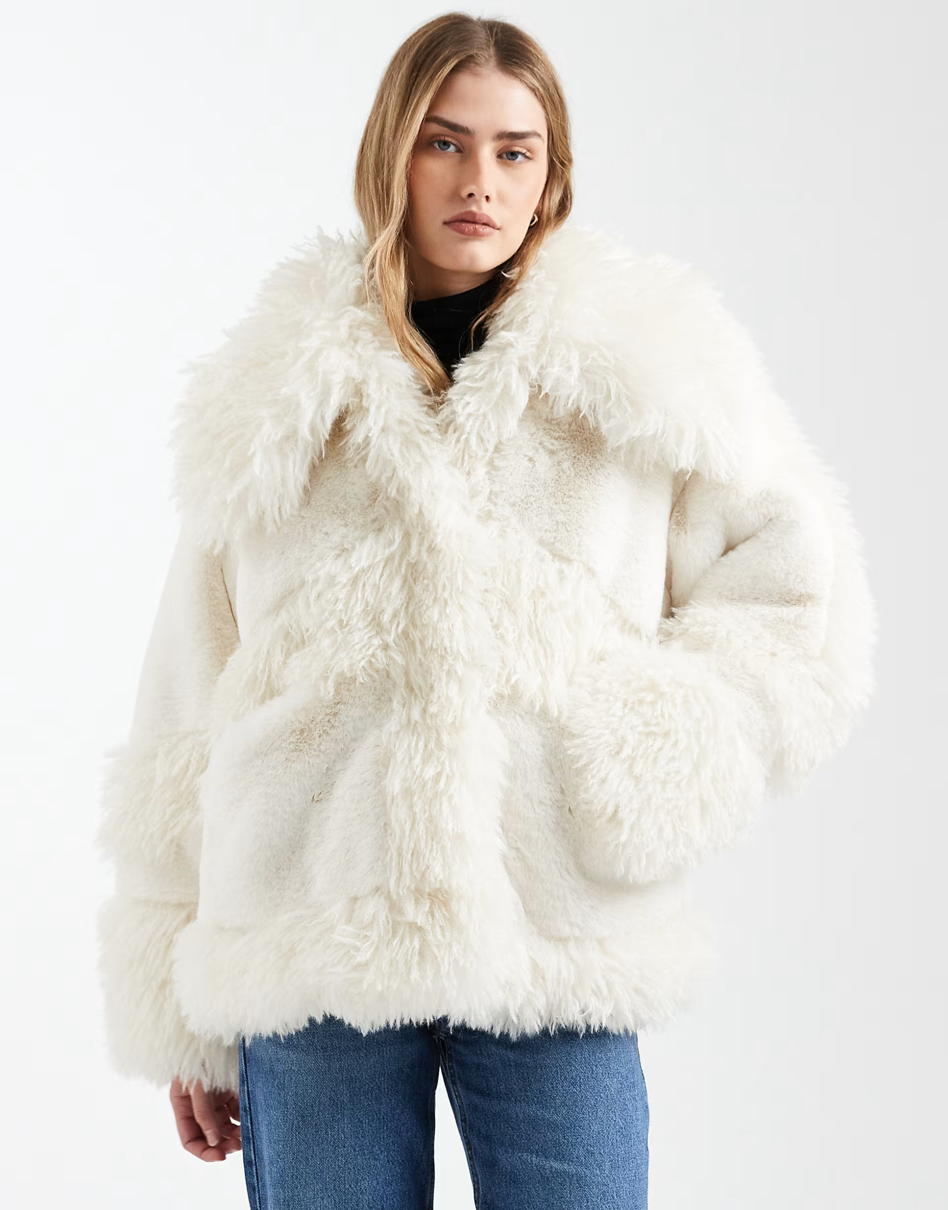ASOS DESIGN faux fur patched coat in cream | ASOS (Global)