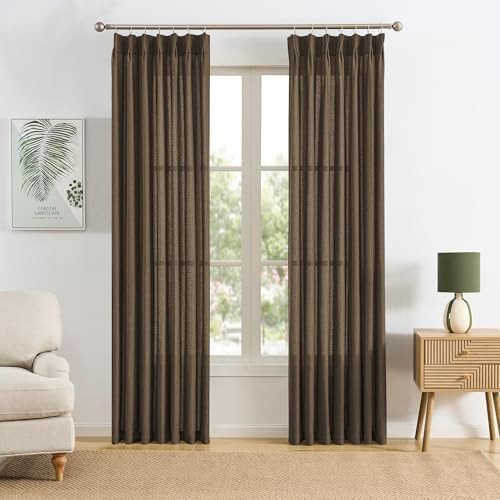 Brown Pleated Linen Curtains 96 Inches Long Farmhouse Semi Sheer Memory Trained Shape Pinch Pleat... | Amazon (US)