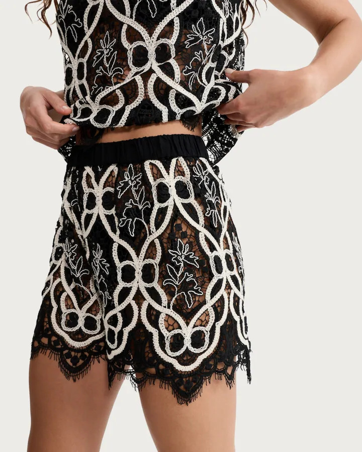 F&F Embroidered Lace Trim Co-ord Shorts in Multi Black White | Tesco F&F