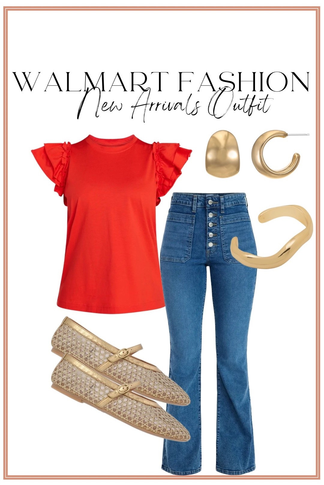 Walmart new arrivals I can’t stop talking about ❤️👖✨

This head-to-toe Walmart outfit is SO good for now into spring! The red ruffle sleeve top is lightweight, feminine, and such a fun pop of color. The flutter sleeves add the prettiest detail and instantly elevate a simple tee.

Paired it with these high-rise button-front flare jeans (so flattering + such a great fit 🙌) and the CUTEST woven raffia Mary Jane flats that look way more expensive than they are. Finished it off with bold gold accessories for that polished everyday look.

This is the kind of outfit that works for school drop-off, lunch with friends, errands, or casual date night. Affordable, classic, and easy to style 💛

Everything is linked in my LTK!

#WalmartFashion #WalmartFinds #WalmartNewArrivals #AffordableFashion #SpringStyle #FlareJeans #RuffleTop #EverydayStyle #BudgetFriendlyFashion #LTKStyle #MomStyle #CasualChic