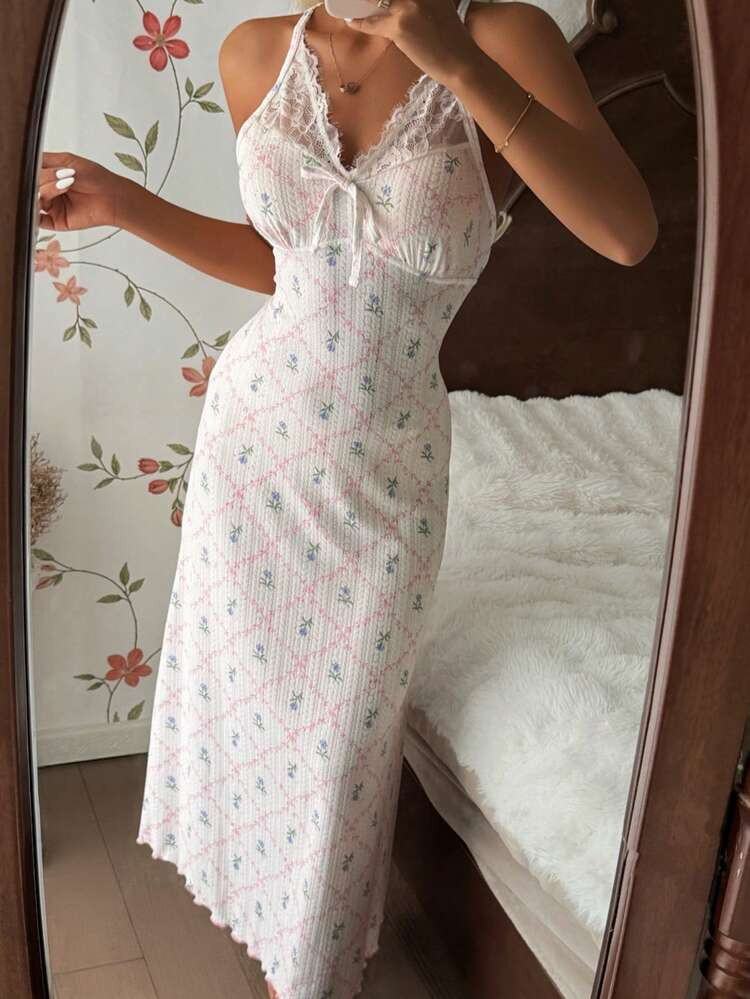 SHEIN Contrast Lace Floral Print Romantic Elegant Maxi Slip Dress | SHEIN