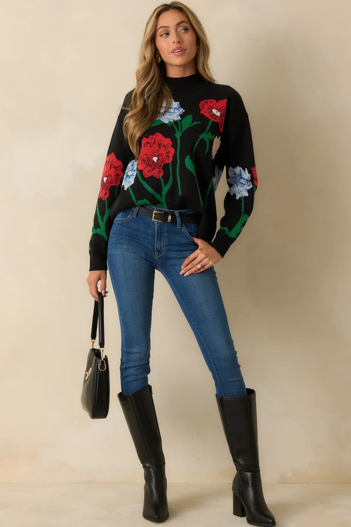 Garden Stroll Black Multi Floral Knit Sweater | Red Dress