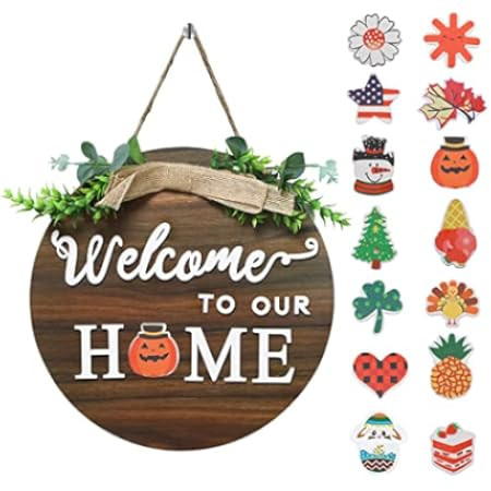 Interchangeable Seasonal Welcome Sign Front Door Decoration, Rustic Round Wood Wreaths Wall Hanging  | Amazon (US)