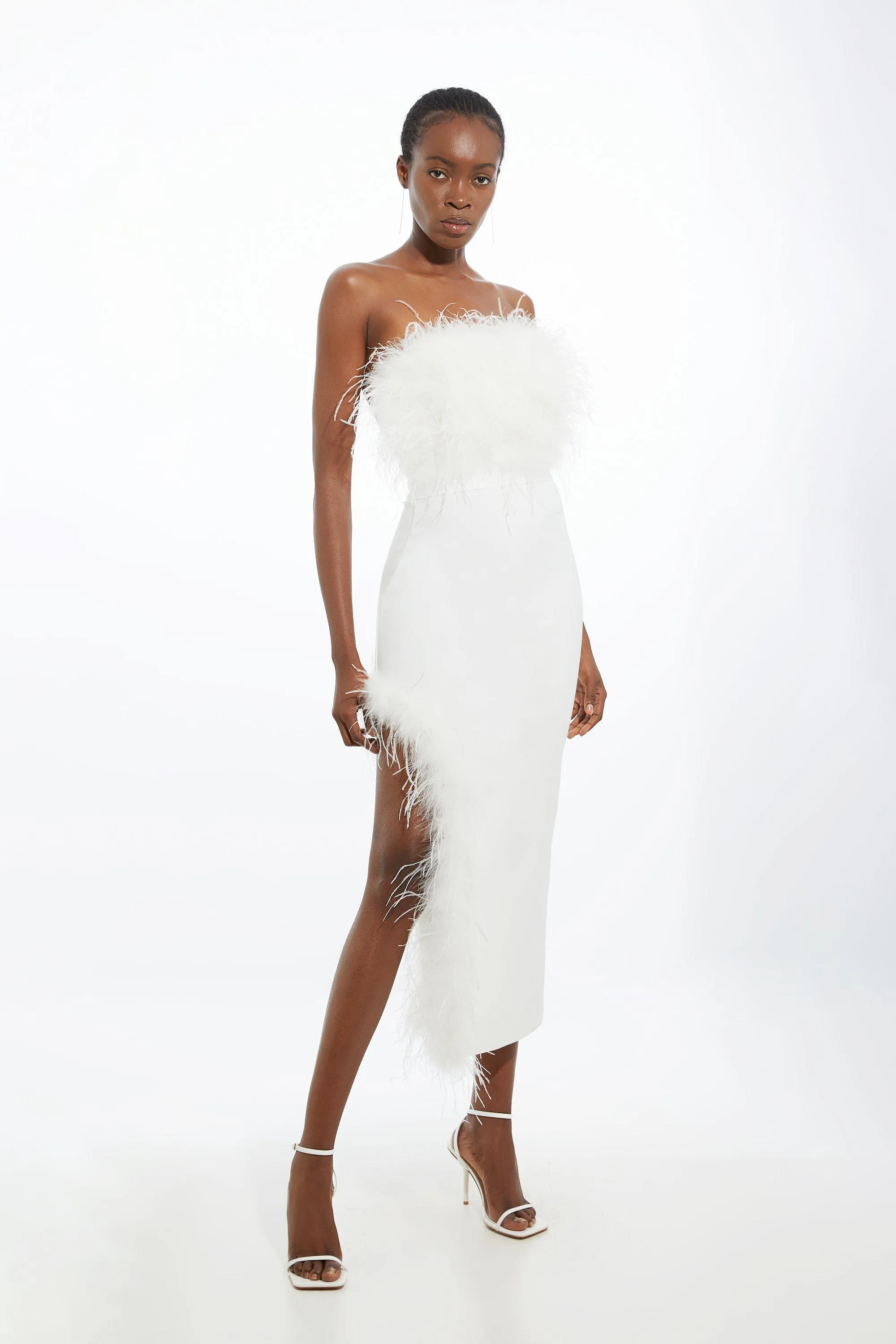 Ivory Figure Form Bandage Feather Detail Bandeau Knit Midi Dress | Karen Millen | Karen Millen UK + IE + DE + NL