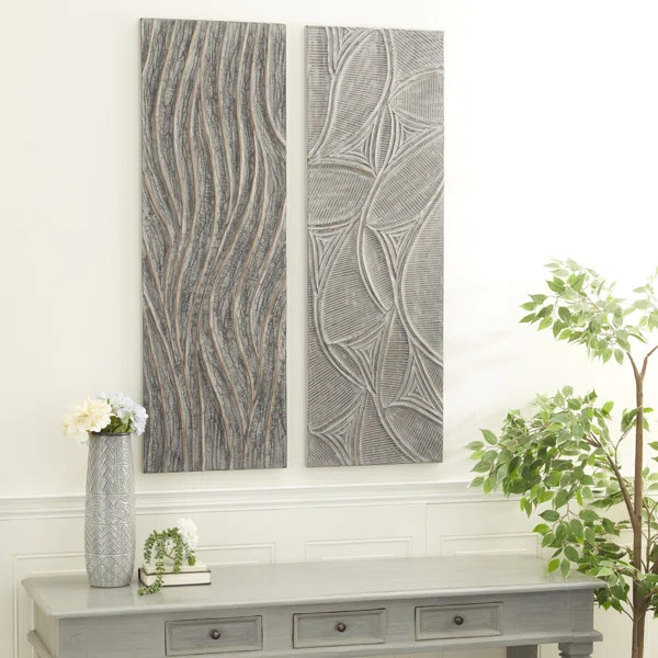 Gray Wood Intricately Carved Leaf Wall Decor Set of 2 16"W, 48"H | Wayfair North America