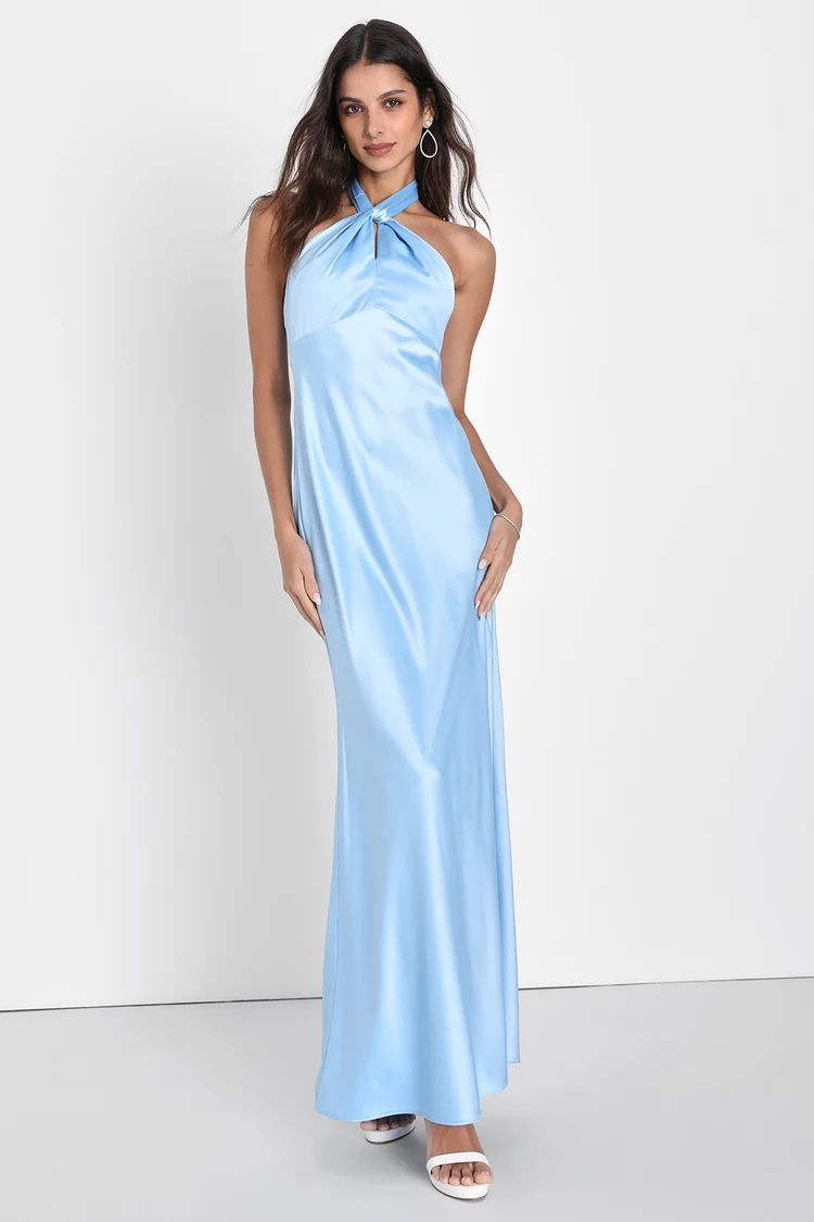 Regal Arrival Light Blue Satin Halter Mermaid Maxi Dress | Lulus (US)