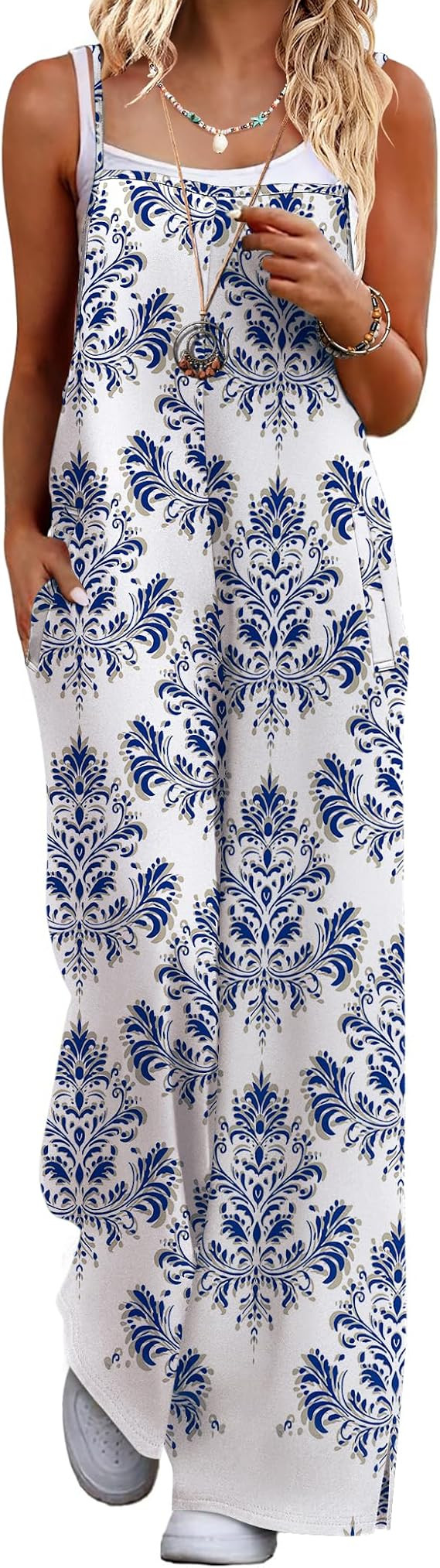 Ekouaer Womens Causal Sleeveless Jumpsuits Summer Boho Wide Leg Floral Rompers Overalls with Pock... | Amazon (US)