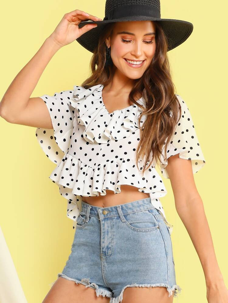 Polka-dot Ruffle Trim Tie Back Crop Blouse | SHEIN