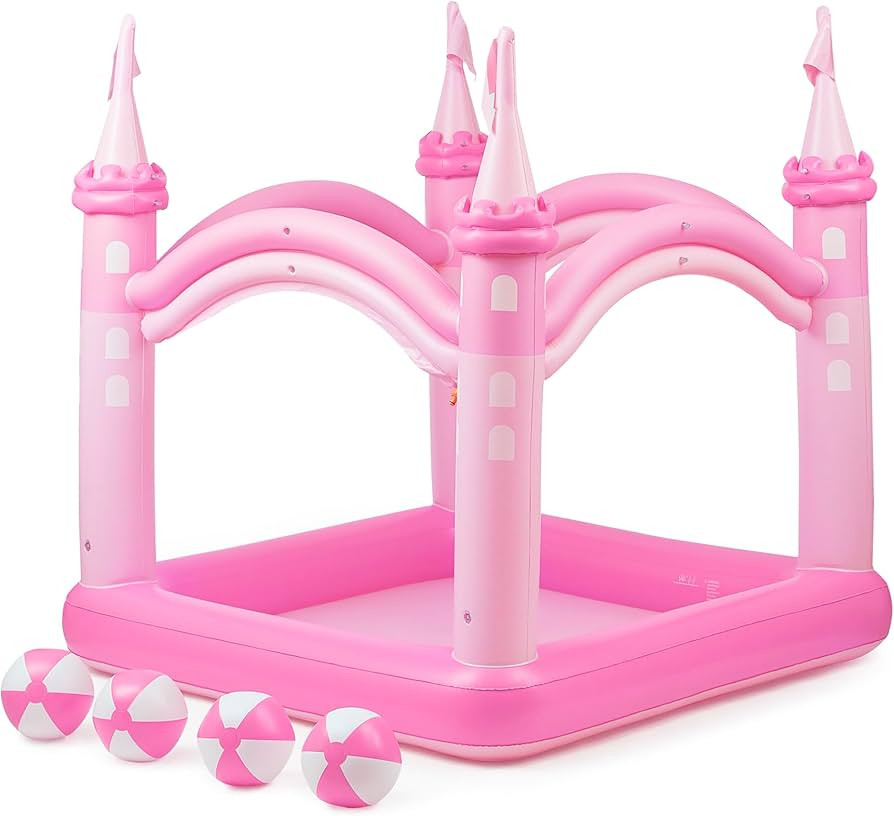 Teamson Kids Giant Inflatable Pink Castle Wading Pool & Sprinkler for Kids (Beach Balls Included) | Amazon (US)