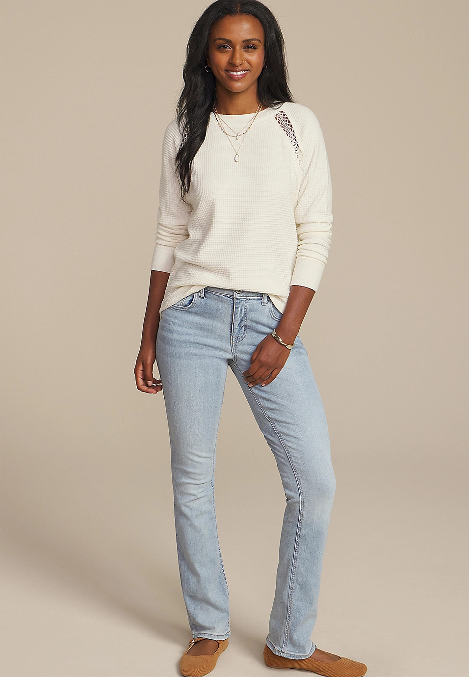 Crochet Trim Waffle Knit Long Sleeve Tee | Maurices