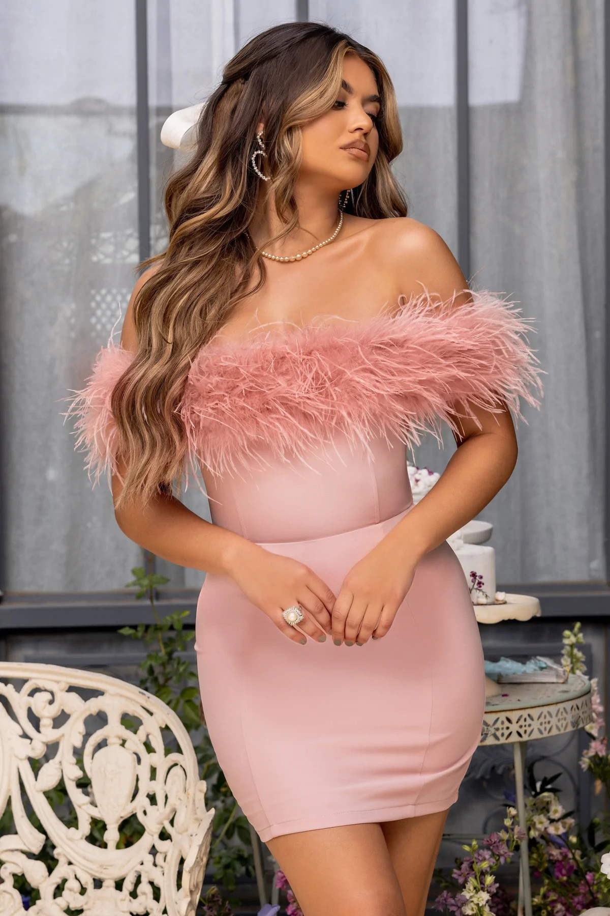 Pure Delight | Pink Bardot Feather Mini Dress | Club L London