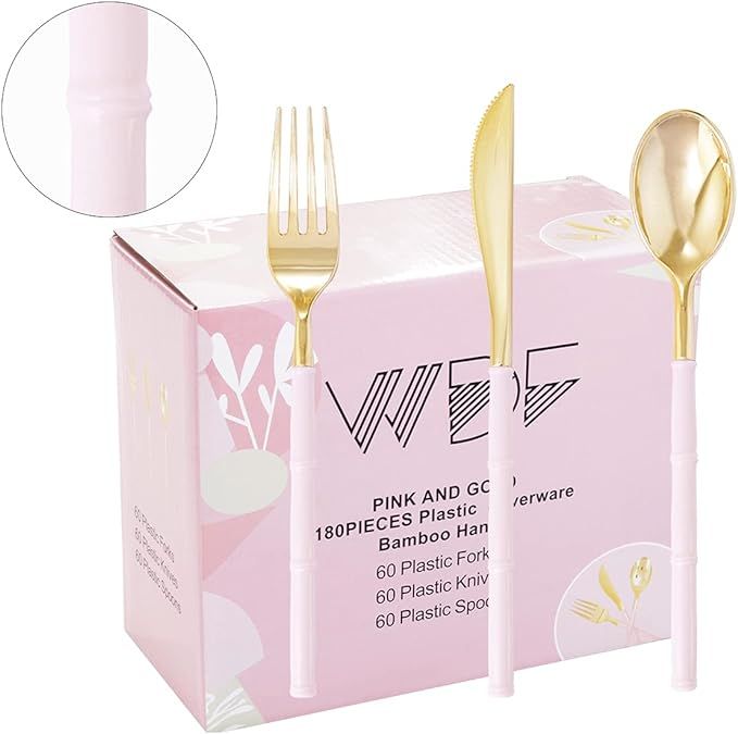 WDF 180Pieces Gold Plastic Silverware-Gold Plastic Cutlery with Pink Handle- Heavyweight Disposab... | Amazon (US)