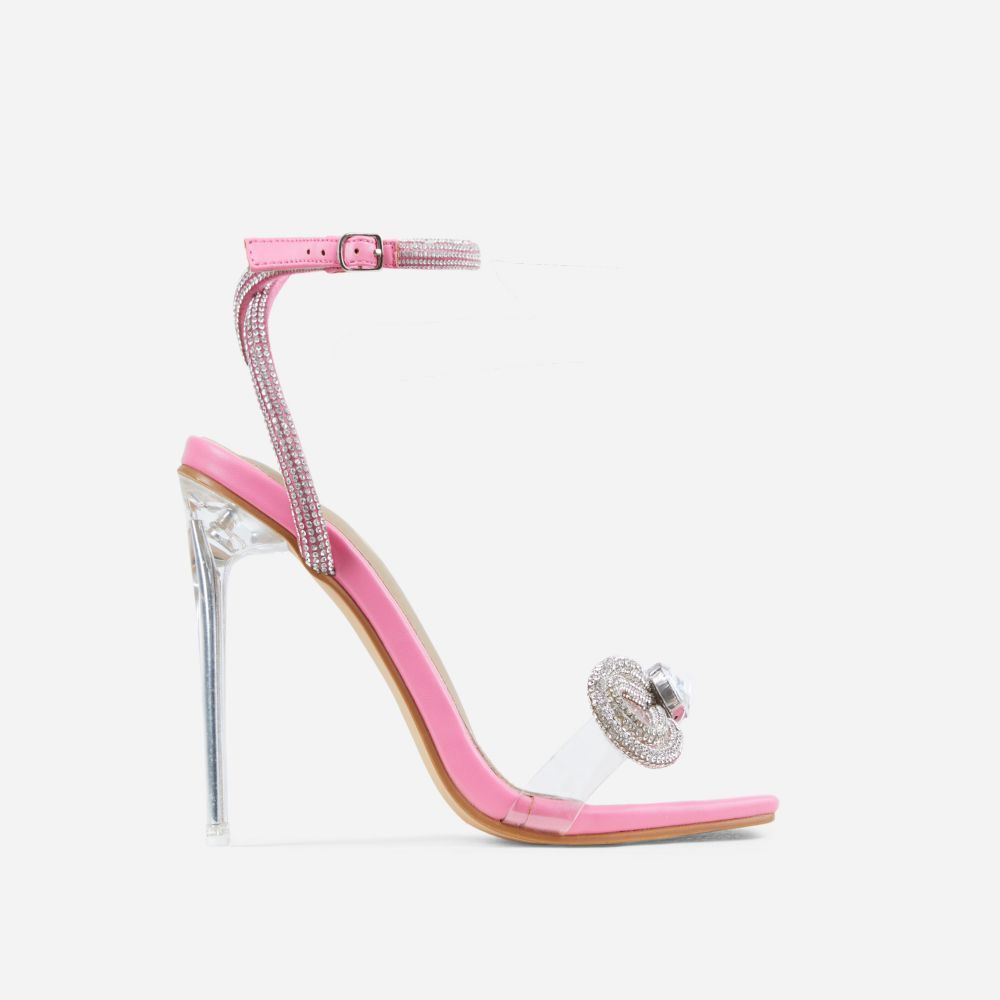 Sugar-Coated Diamante Bow Detail Square Toe Clear Perspex Heel In Pink Faux Leather | EGO Shoes (US & Canada)