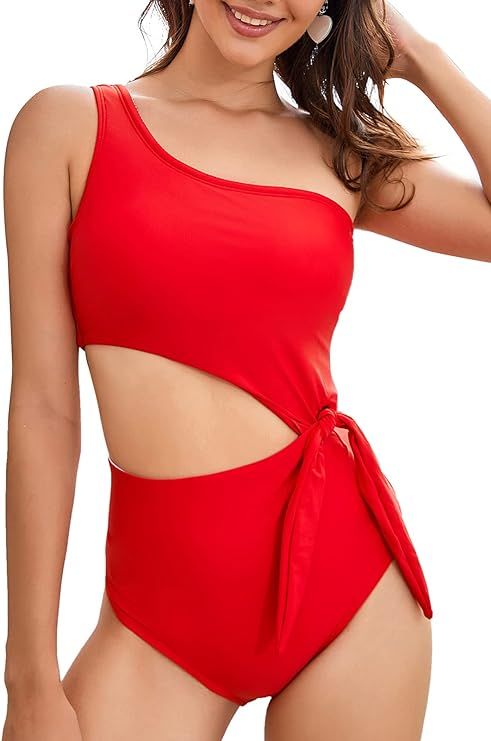 MOLYBELL Women's One Shoulder Cutout Monokini Swimsuits, Padded Bowknot Bathing Suit | Amazon (US)