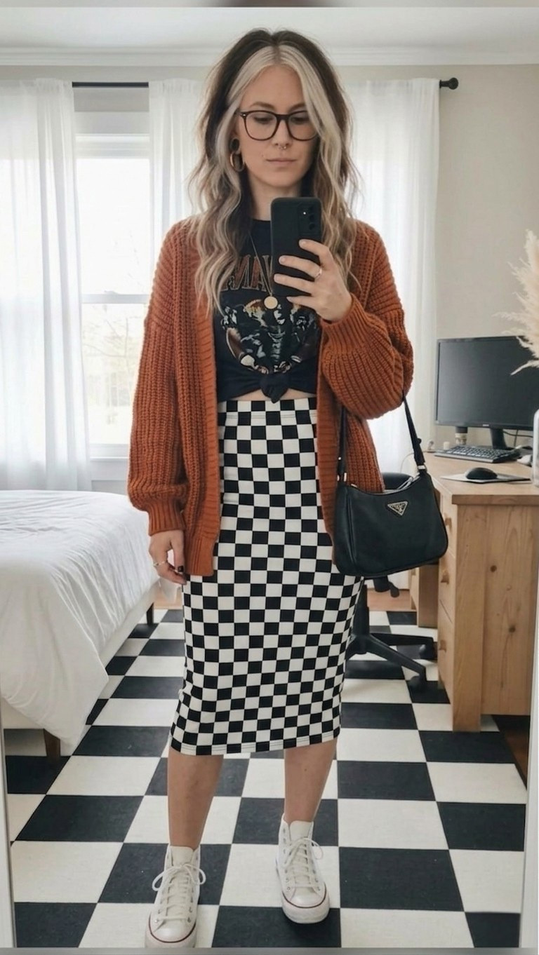 Found the ultimate "cool girl" formula for your spring-to-fall wardrobe. This checkered midi skirt is a total closet staple—it’s stretchy, flattering, and surprisingly versatile. I’ve paired it with a vintage-inspired graphic tee and this cozy oversized cardigan in the perfect burnt orange shade to add some warmth to the monochrome base.

Finished the look with my go-to white high-top sneakers and a classic shoulder bag. Perfect for a coffee run, a casual office day, or a weekend concert.

#LTKSeasonal #LTKMidsize #LTKootd