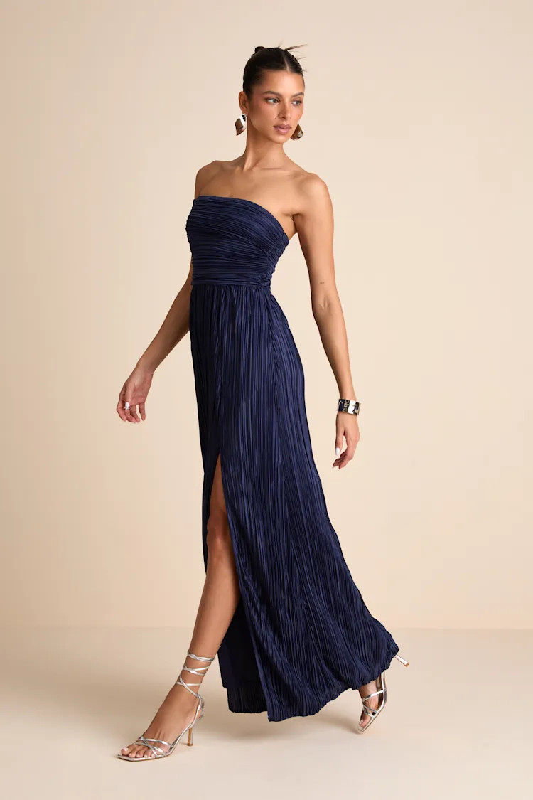 Poised Performance Navy Plisse One-Shoulder Maxi Dress | Lulus