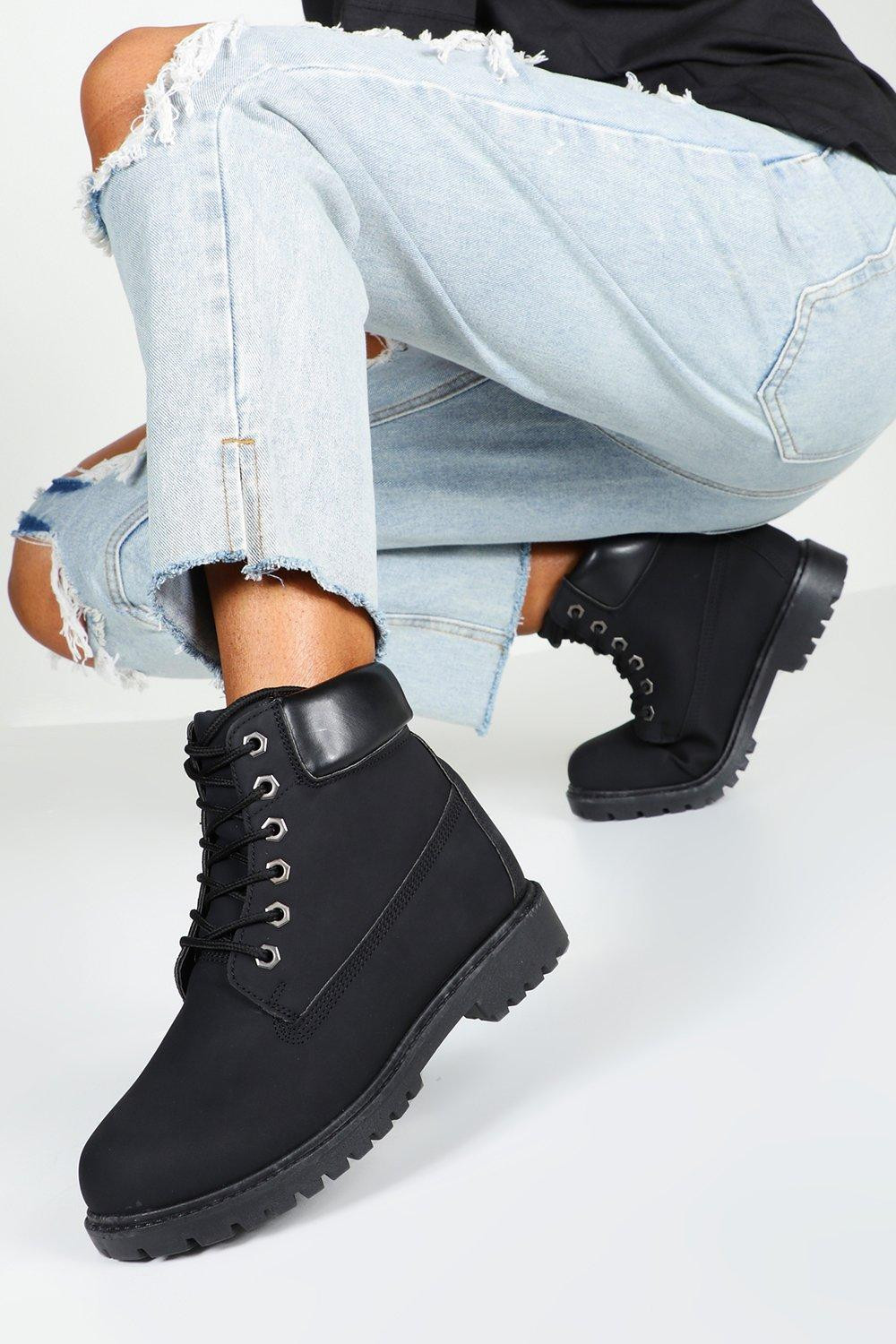 Womens Wide Width Chunky Combat Boots - Black - 6 | Boohoo.com (US & CA)