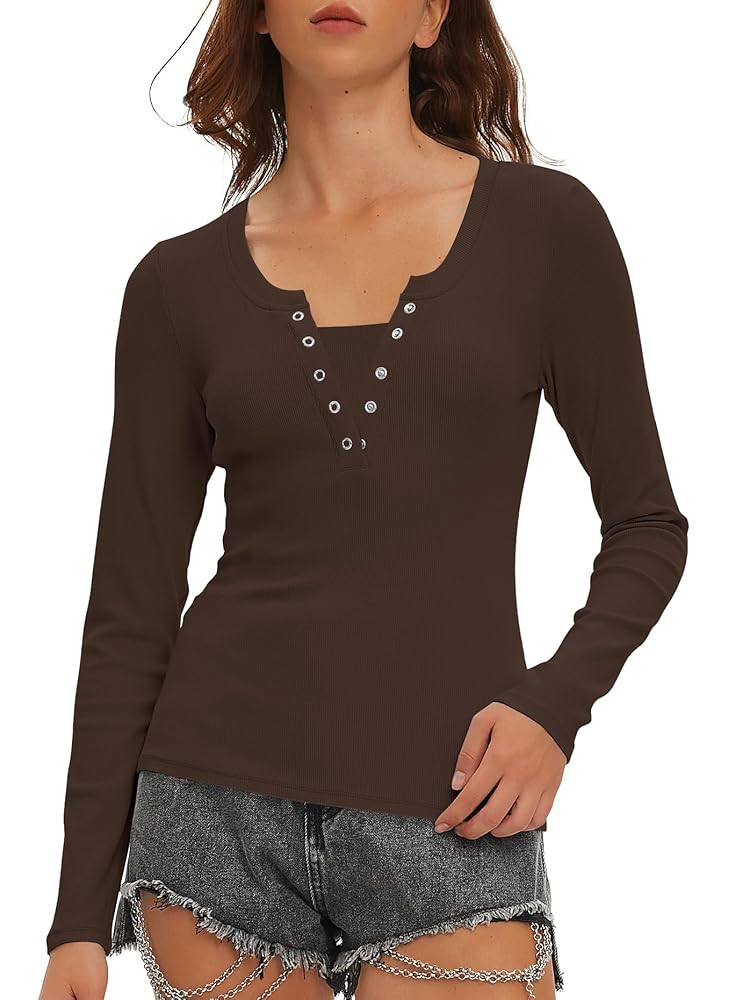 Beaully Womens Long Sleeve Shirts V Neck Henley Tops Slim Fit Basic Going Out Tshirts Fall Fashio... | Amazon (US)