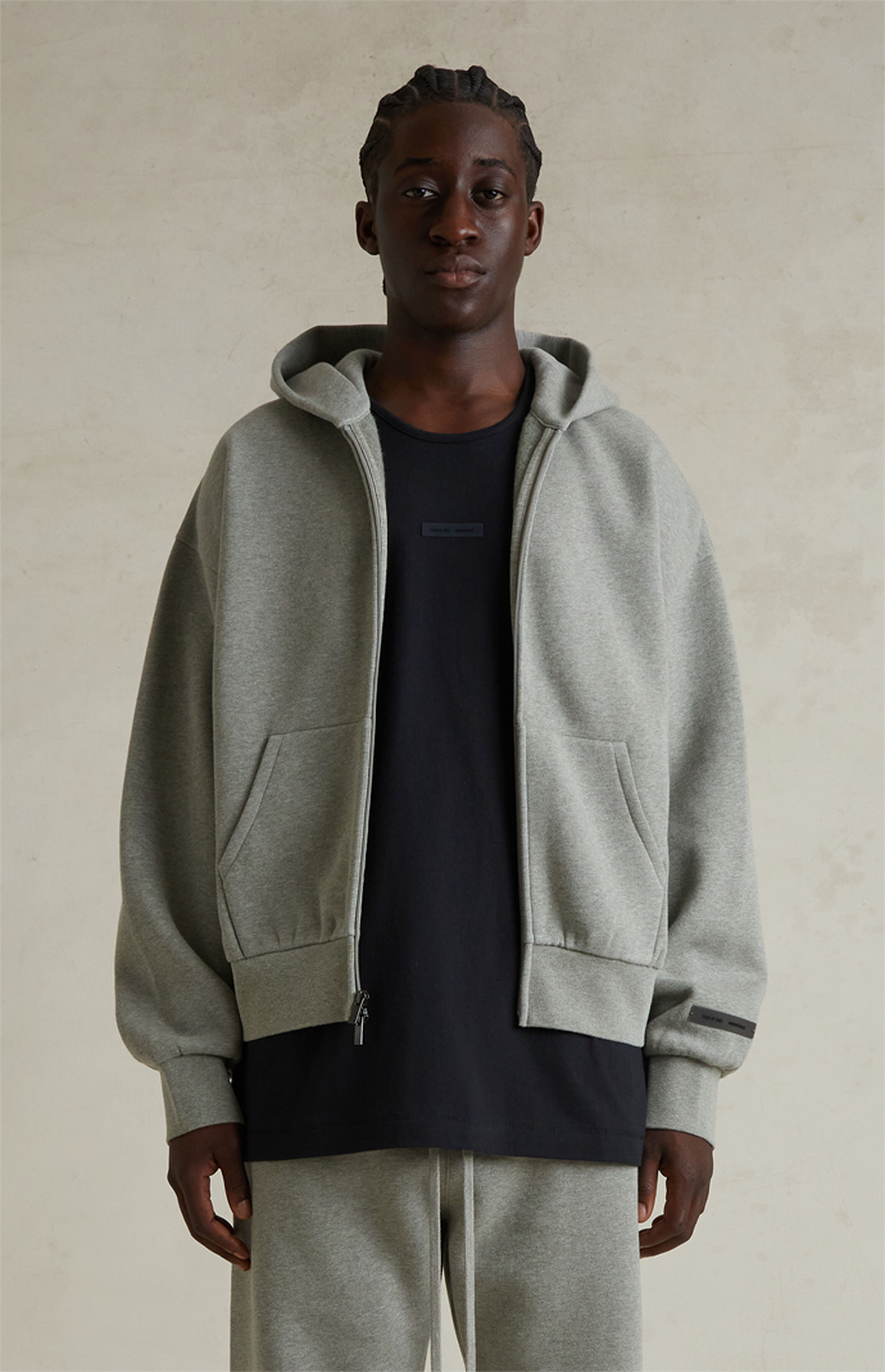 Fear of God ESSENTIALS Concrete Heather Classic Fleece Zip Up Hoodie | PacSun