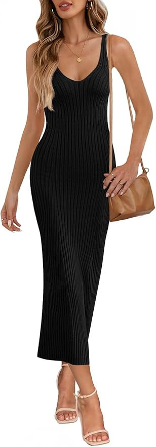 MEROKEETY Womens Summer Bodycon Knit Midi Dress 2026 Spring Beach Vacation V Neck Casual Sleevele... | Amazon (US)