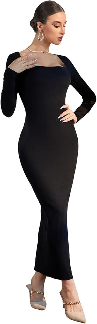Verdusa Women's Elegant Square Neck Long Sleeve Split Solid Bodycon Pencil Dress | Amazon (US)