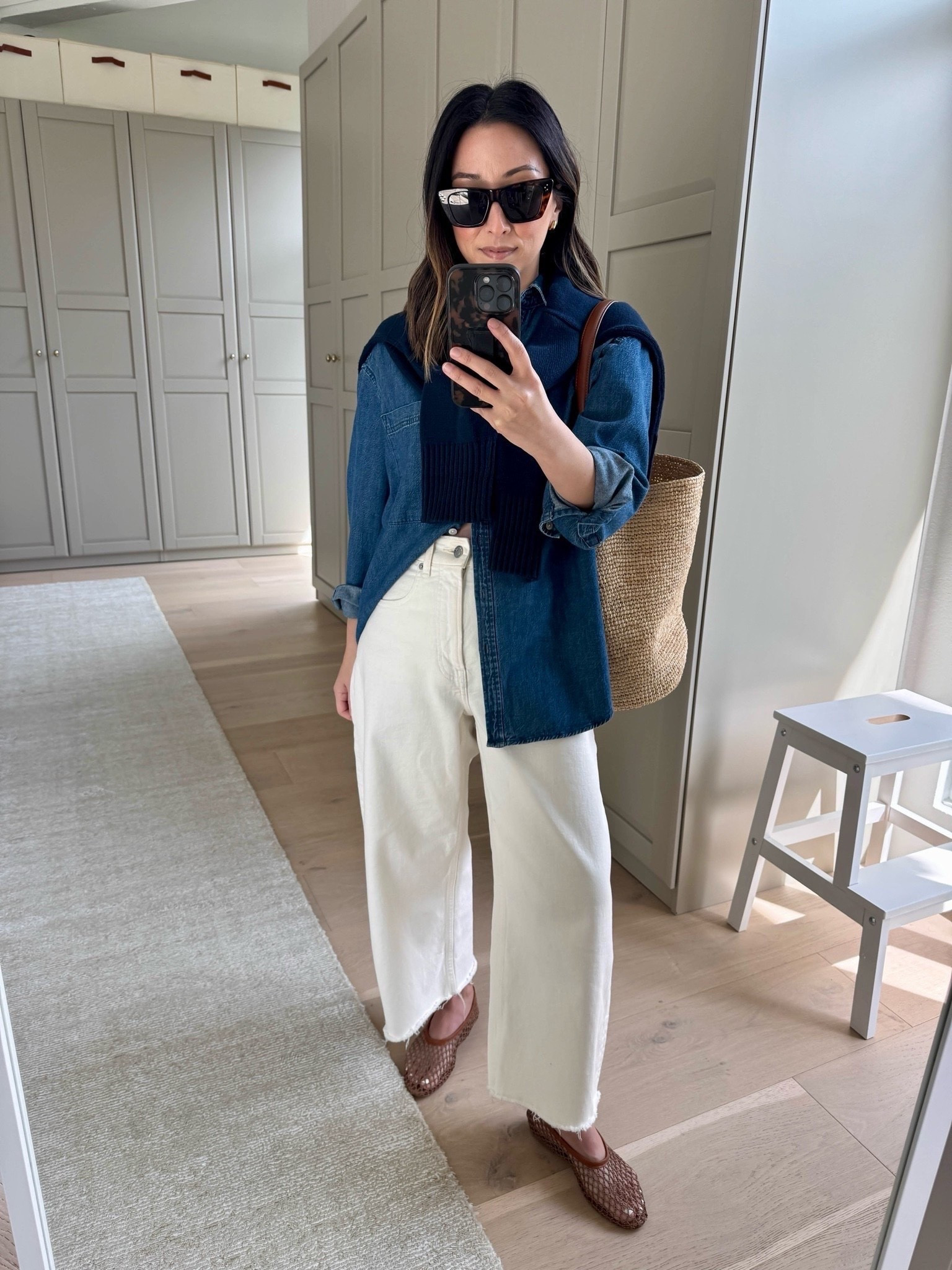 The denim shirt that will change your wardrobe. Perfectly roomy, not overwhelming. 

AYR button down xs 
Everlane curve Jean 26 - sized up and cut hems. 
Staud netted flats 35 
Everlane cottons sweater xs
J.crew raffia bag 
Dorsey James necklace 15” 
Quince earrings 
Celine sunglasses

petite style, summer outfits, fall outfits

#LTKootd #LTKmomlife #LTKPetite