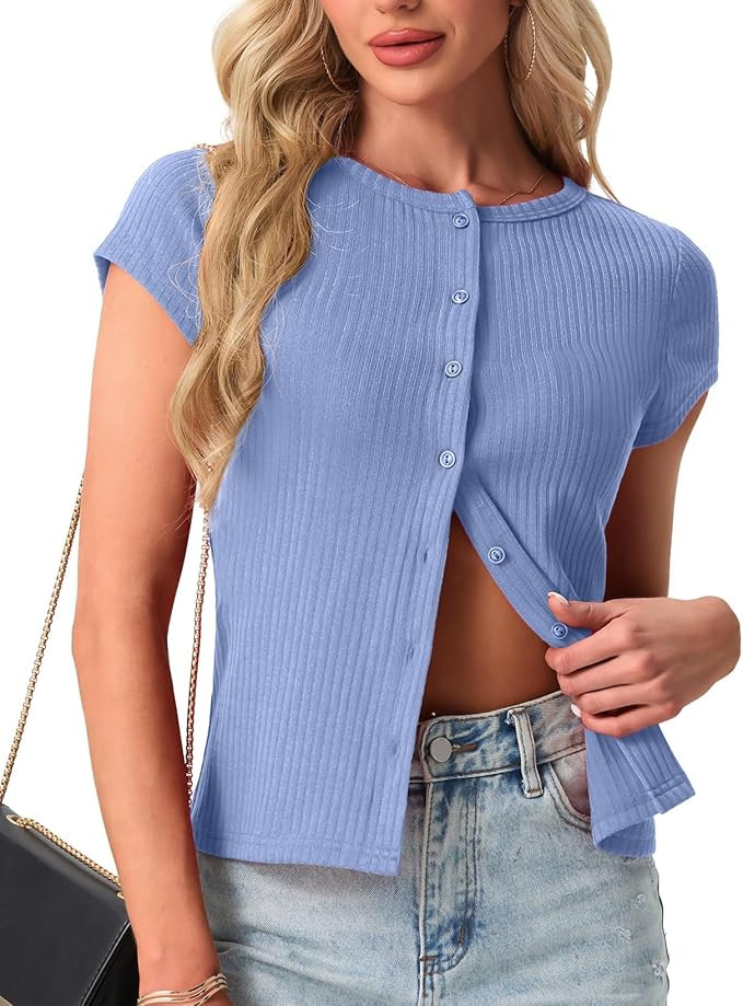 Womens Short Sleeve Shirts Casual Summer Ribbed Knit Tshirts Fitted Button Up Tops | Amazon (US)