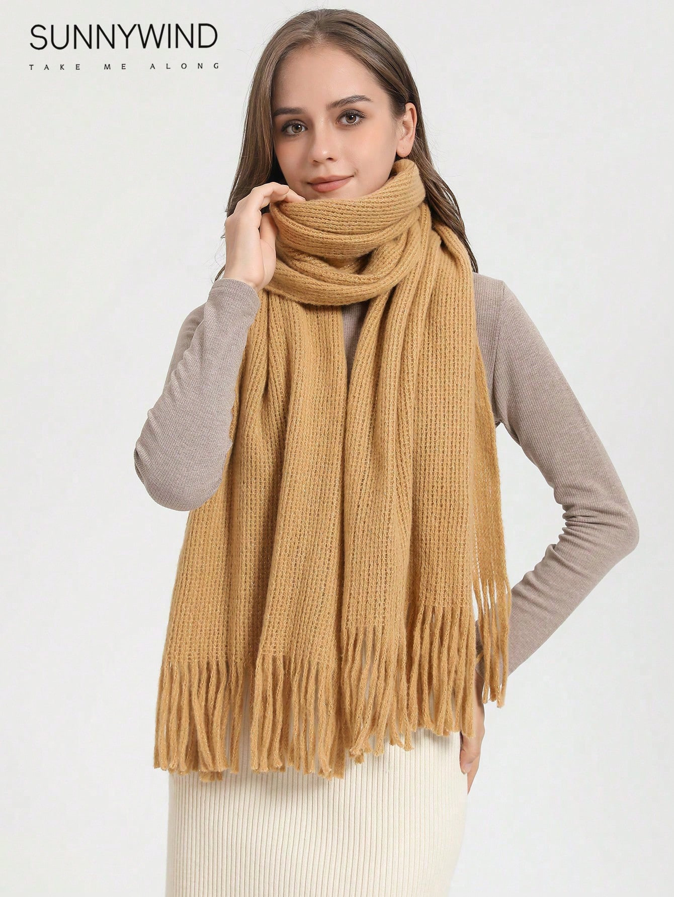 1 pièce Écharpe en tricot simple avec franges à ourlet, port casual pour tous les jours | SHEIN