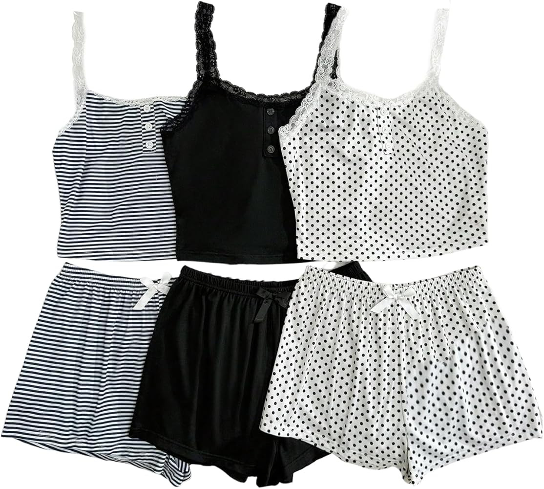 Milumia Women's 3 Pack Pajama Set Striped Polka Dots Printed Lace Trim Cami Crop Top and Bow Shor... | Amazon (US)
