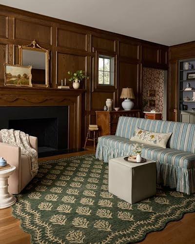 Loloi Rifle Paper Co. Lisette Collection LST-01 Forest/Oatmeal 7'-9" x 9'-9" Area Rug Wool, Natural, Scallop, Wavy, Floral, Textured, Living Room, Bedroom, Dining, Carpet | Amazon (US)