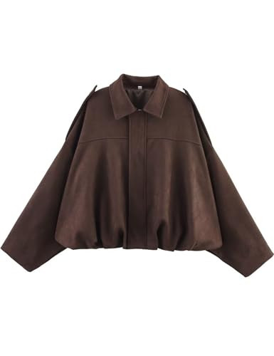 Kissonic Womens Faux Suede Bomber Jacket Oversized Batwing Long Sleeve Zip Up Cropped Coat Streetwear(Coffee-S) | Amazon (US)
