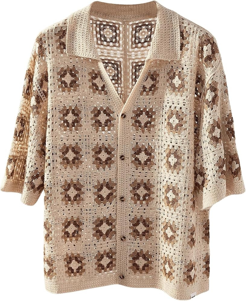 SHENHE Men's Crochet Knit Button Down Shirt Short Sleeve Sheer Collared Beach Shirt Top | Amazon (US)