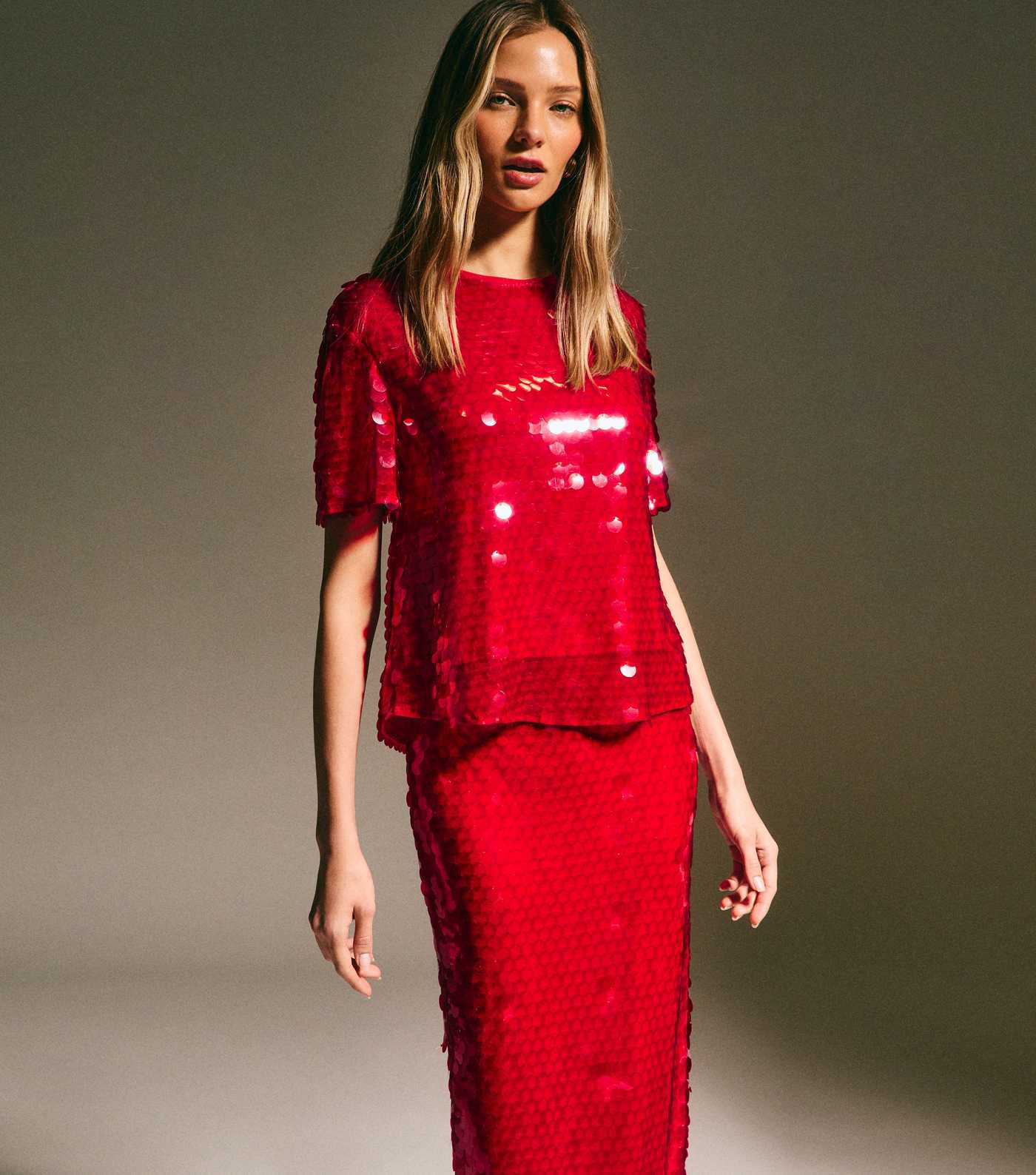 Bright Red Sequinned Short Sleeve Top | New Look | New Look (UK)