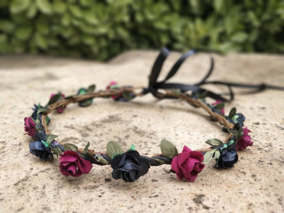 Burgundy & Black Flower Crown Flower Girl Headband Halloween - Etsy | Etsy (US)