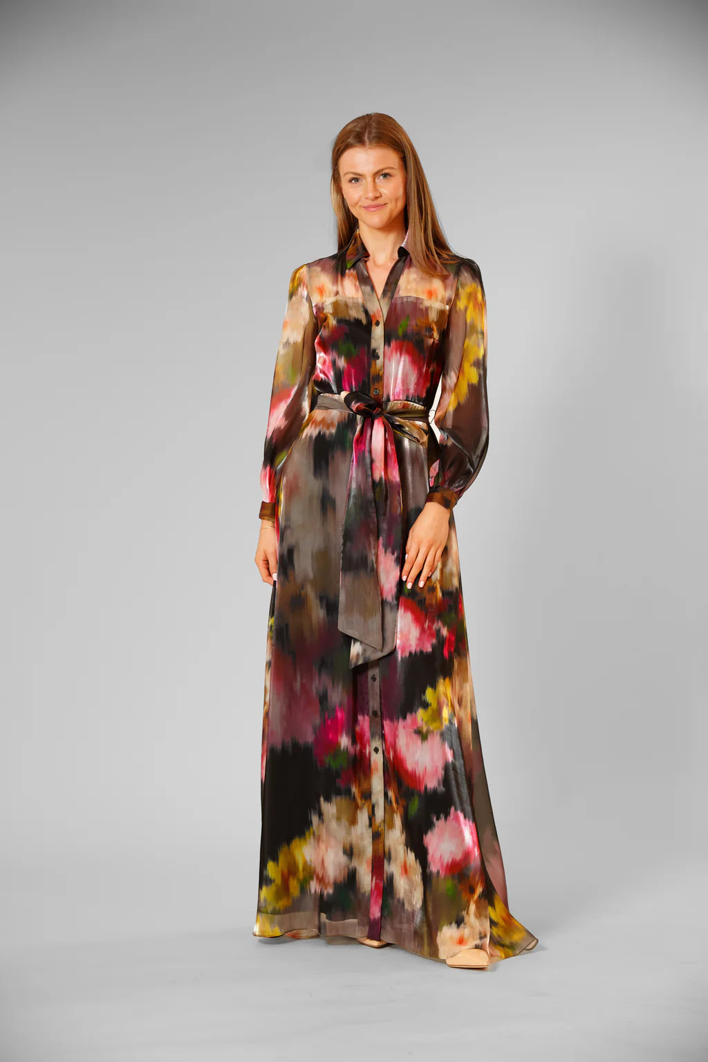 LONG SLEEVE PRINTED ORGANZA SHIRT DRESS | Julia Jordan