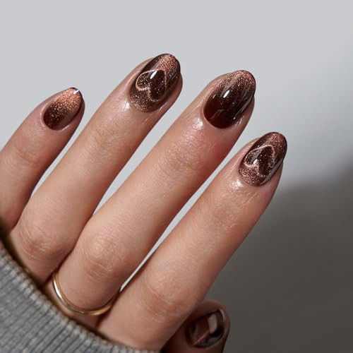 BTArtbox Extra Short Almond Press On Nails - Brown Cat Eye Press On Nails with Glue for Women, Opaque Soft Gel Glue On Nails in 16 Sizes - 32 Stick On Nails Kit, Heart Coffee Art | Amazon (US)