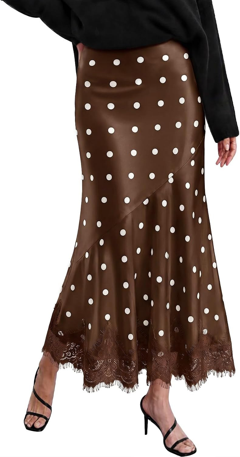 Tankaneo Womens Satin Skirt Polka Dot Silk Lace Trim Mermaid Maxi Skirt | Amazon (US)