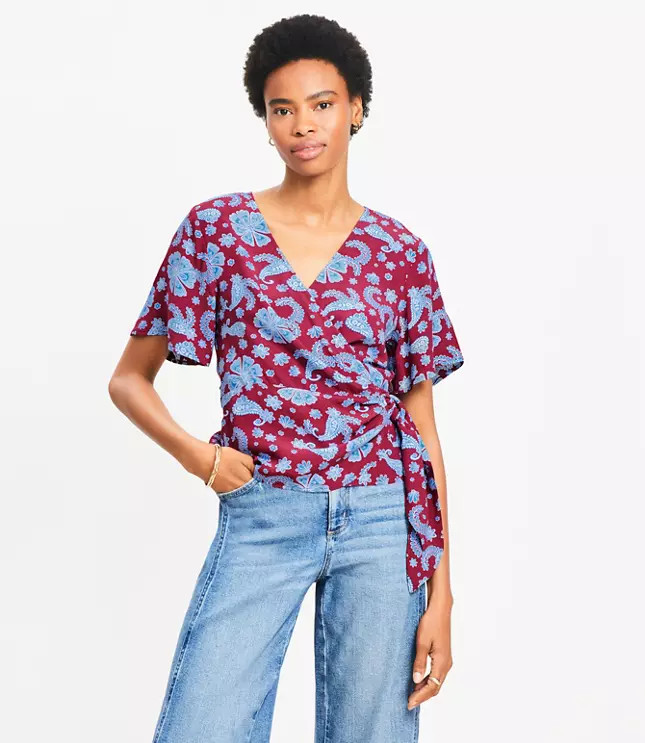 Petite Tiled Flutter Sleeve Wrap Blouse | LOFT