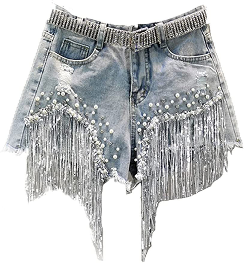 Summer High Waist Denim Shorts with Beaded Sequins and Fringed Ripped Leg Shorts | Amazon (US)