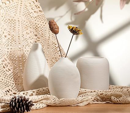 White Ceramic Vase Set of 3,Small Ribbed Vases for Rustic Home Decor,Modern Farmhouse Decor, Livi... | Amazon (US)