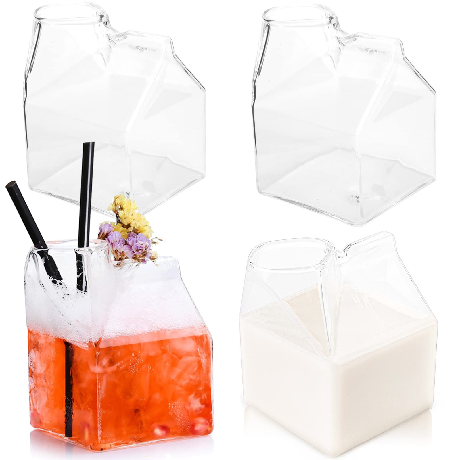 WUWEOT 4 Pack Glass Milk Carton, Clear Square Cocktail Glasses, Mini Cup Creamer Pitcher Coffee B... | Amazon (US)