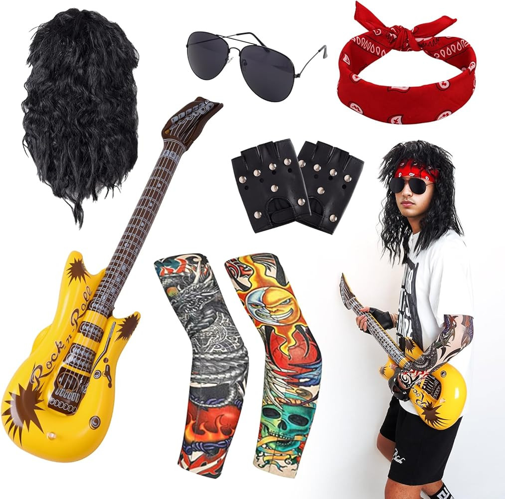 Halloween 80s Rocker Costume Set for Men Hippie Wig Tattoo Sleeve Gloves Headband Inflatable Guit... | Amazon (US)