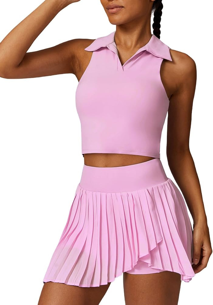 ABOCIW Two Piece Tennis Skirt Sets for Women Polo Neck Tank Top with Bra and Pleated Skort with P... | Amazon (US)