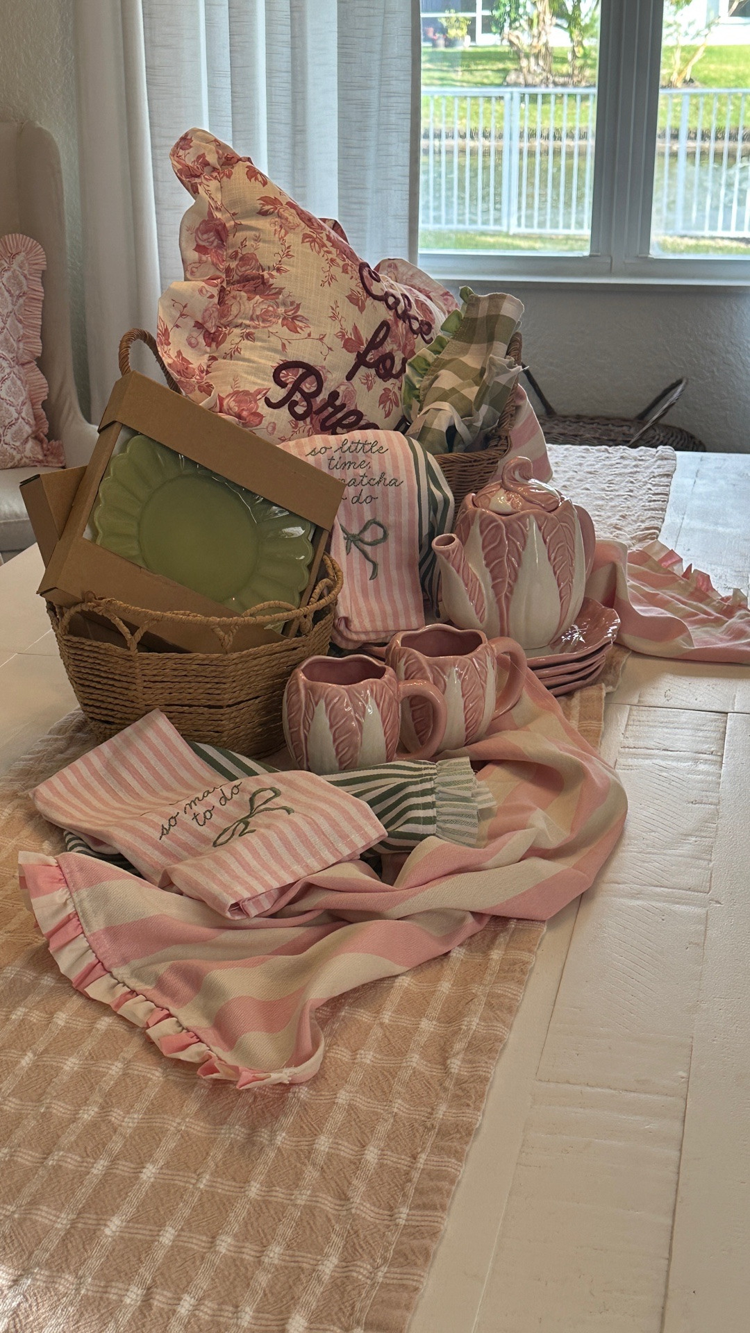 Spring home from Target. Love the pinks and green stripes and gingham runners. The pink cabbage ware is so cute! And the woven baskets add some texture. Sweet floral pillow is just adorable! Spring is going to be so pretty this year! So excited to add these pieces to my home. 
Pink and green
Spring decor 
Easter 
Target home 
$5.00 and up 