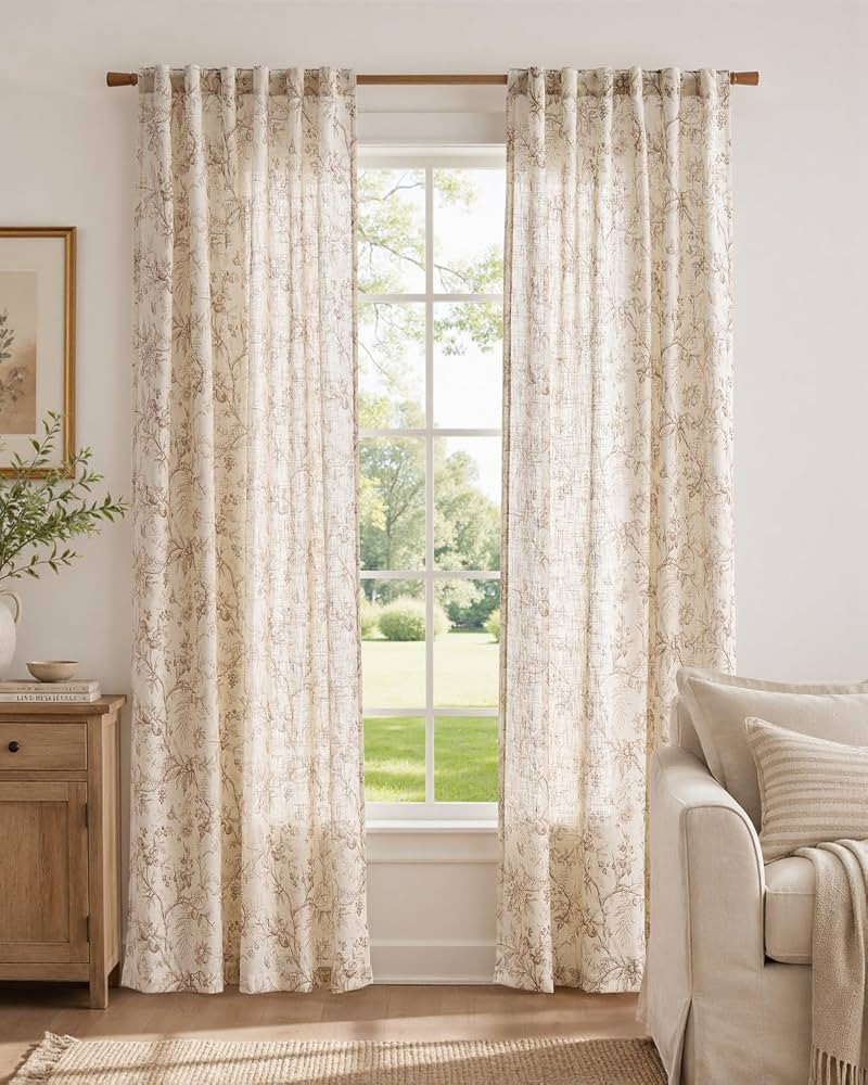 jinchan Taupe Floral Linen Curtains 84 Inch Cottagecore Back Tab 2 Panels     Light filtering dra... | Amazon (US)