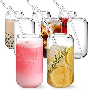 NETANY [ 8pcs Set ] Drinking Glasses with Glass Straw - 16oz Can Shaped Glass Cups, Beer & Iced C... | Amazon (US)