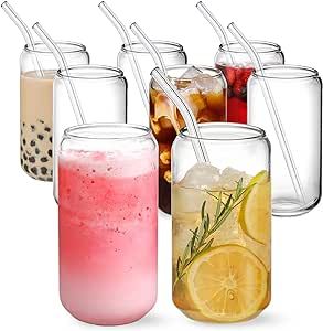 NETANY [ 8pcs Set ] Drinking Glasses with Glass Straw - 16oz Can Shaped Glass Cups, Beer & Iced C... | Amazon (US)